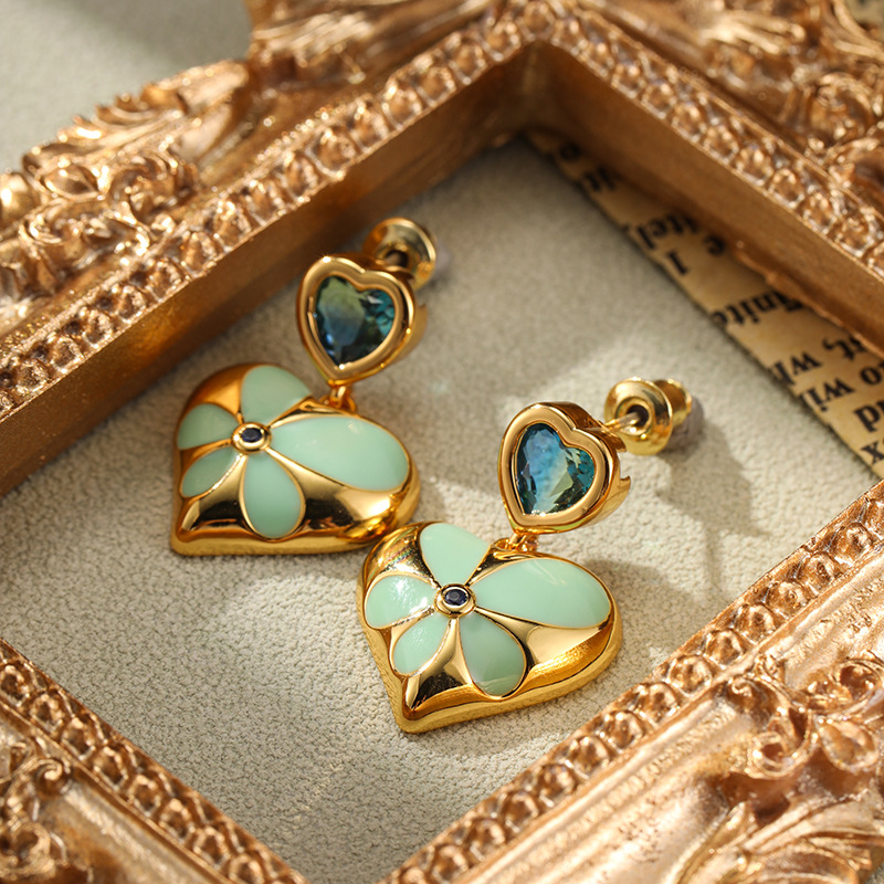 French Vintage Earrings Flower Oil Enamel Love Earrings High-end Light Luxury Niche All-match Chinese Earrings for Women