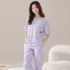 春夏季新款爽棉拉架女士短袖长裤套头睡衣运动休闲女家居服