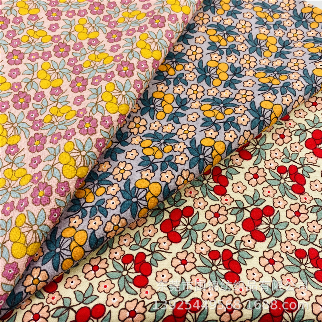 水果图案印花磨毛布 全棉梭织法兰绒拉绒剪毛印樱桃小花 服装面料