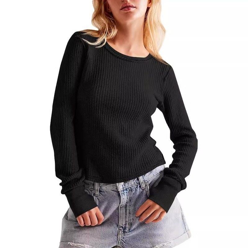 Women's Long Sleeve T-Shirt Waffled Knitted Round Neck Casual Thumb Hole Slim Fit Top