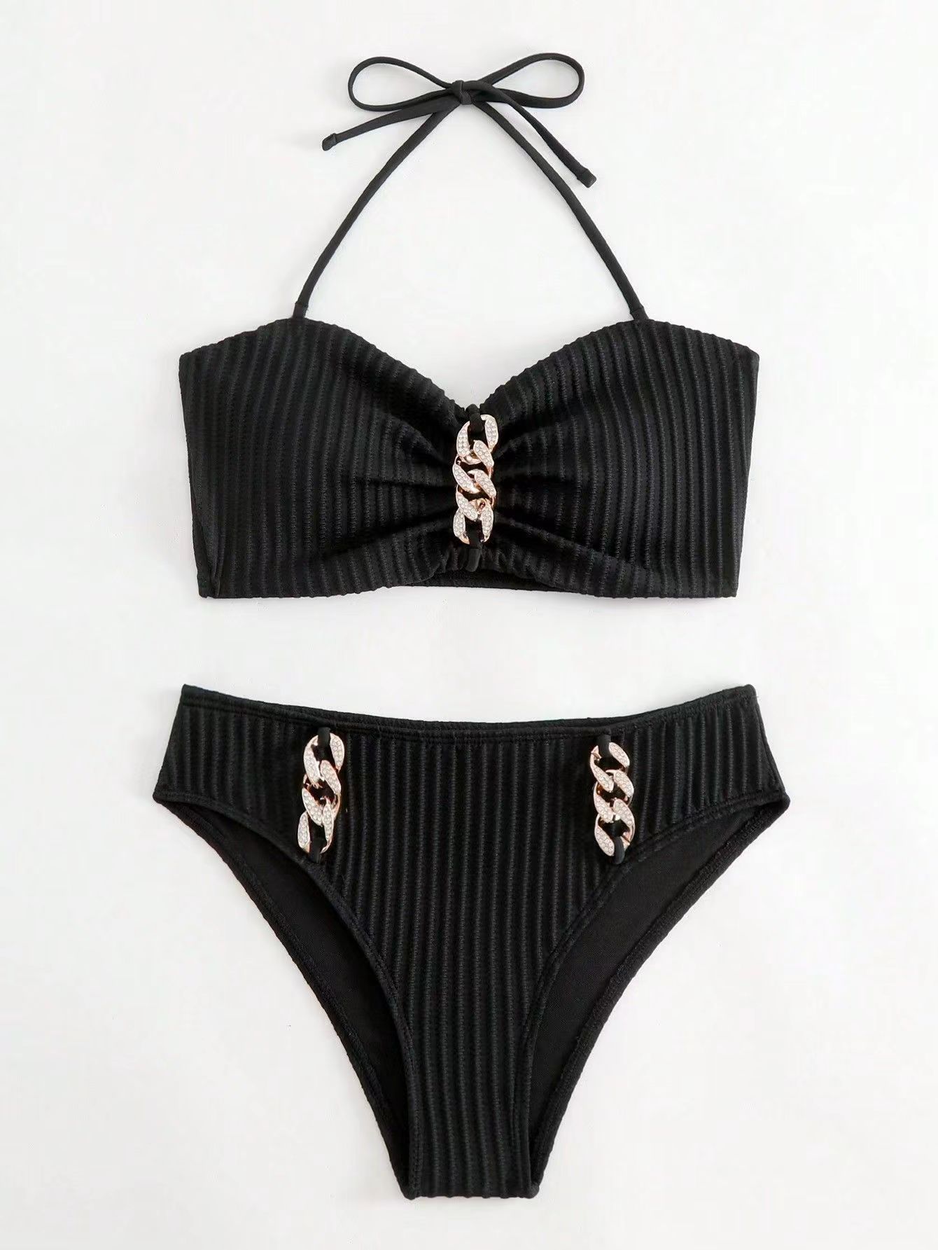 245g Weight Mid Waist Panties Waist Briefs Panties Style Halter Placket Type Bra&Panty Set Bra Category Nylon, Polyester Fabric Type 2 Pieces Set Quantity Swimming Pool, Beach Occasion Stripe, Solid Color Pattern Full Coverage Bra Cup Women's Gender Women's Stripe Solid Color 2 Pieces Set Bikinis Swimwear 6