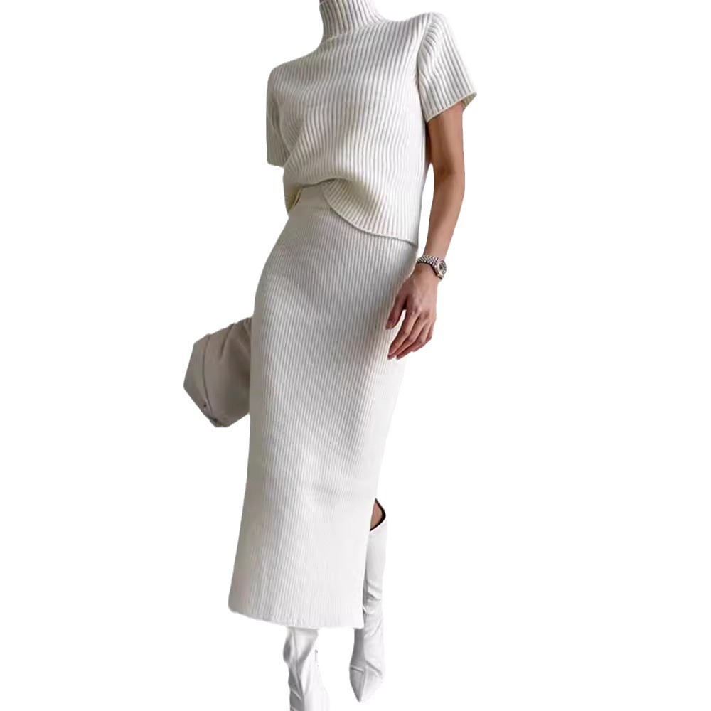 Abbigliamento donna chic primavera retrò temperamento collo alto versatile maglione a maniche corte + gonna con spacco sui fianchi tailleur gonna_voghion.com