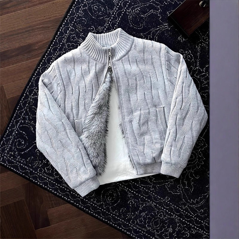 Old Money Style Cable Knit Fleece Cardigan for Men, Winter High-End Thick Knit Sweater with Mountain Eagle Design