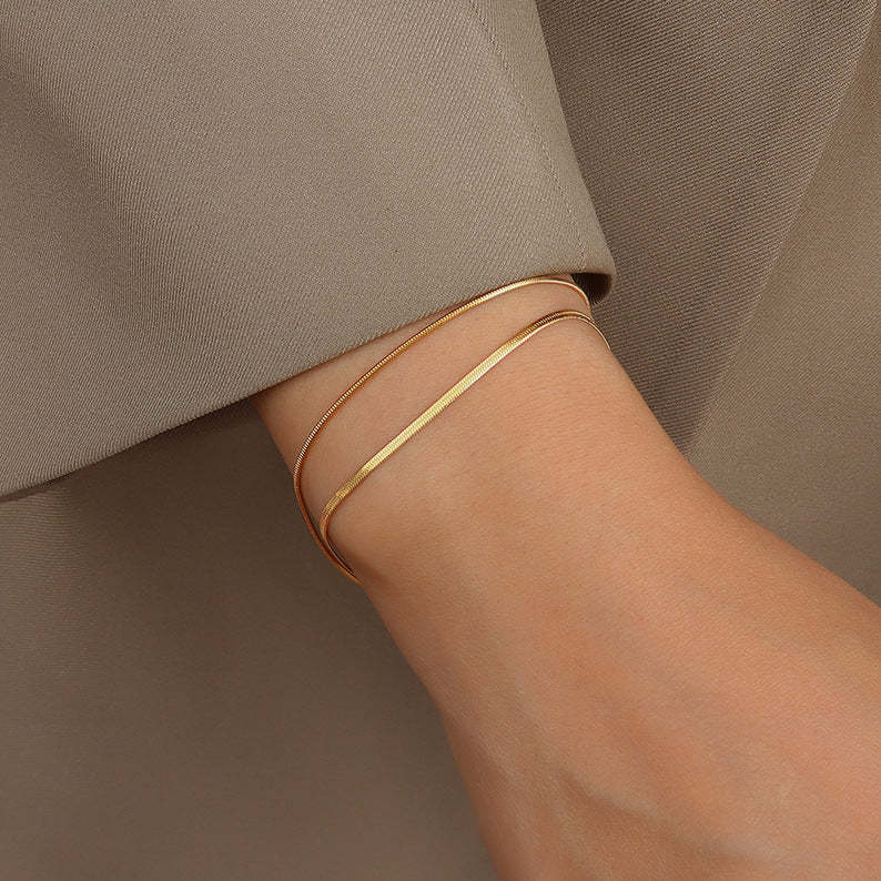Jewelry Buckle Double Layer Snake Bone Chain Blade Bracelet, Versatile Stainless Steel Gold Plated Best Friend Bracelet, Double Ring._voghion.com