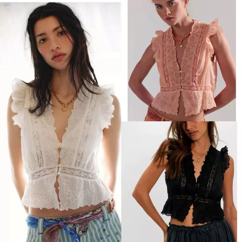 French-Style Lace Mesh Short-Sleeve Shirt with Floral Embroidery, Hollow Lace Trim, Deep V-Neck, Button-Up Blouse for Women