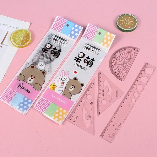 Creative Four-Piece Ruler Set Student Set Cartoon Ruler Transparent Meter Ruler Multi-Function Ruler Stationery Wholesale