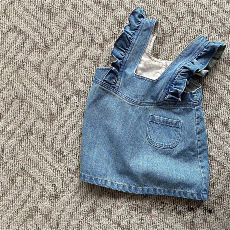 INS estilo coreano bebé niña primavera y otoño nuevo vestido estilo occidental hongo encaje lavado Denim PANA vestido de suspensión