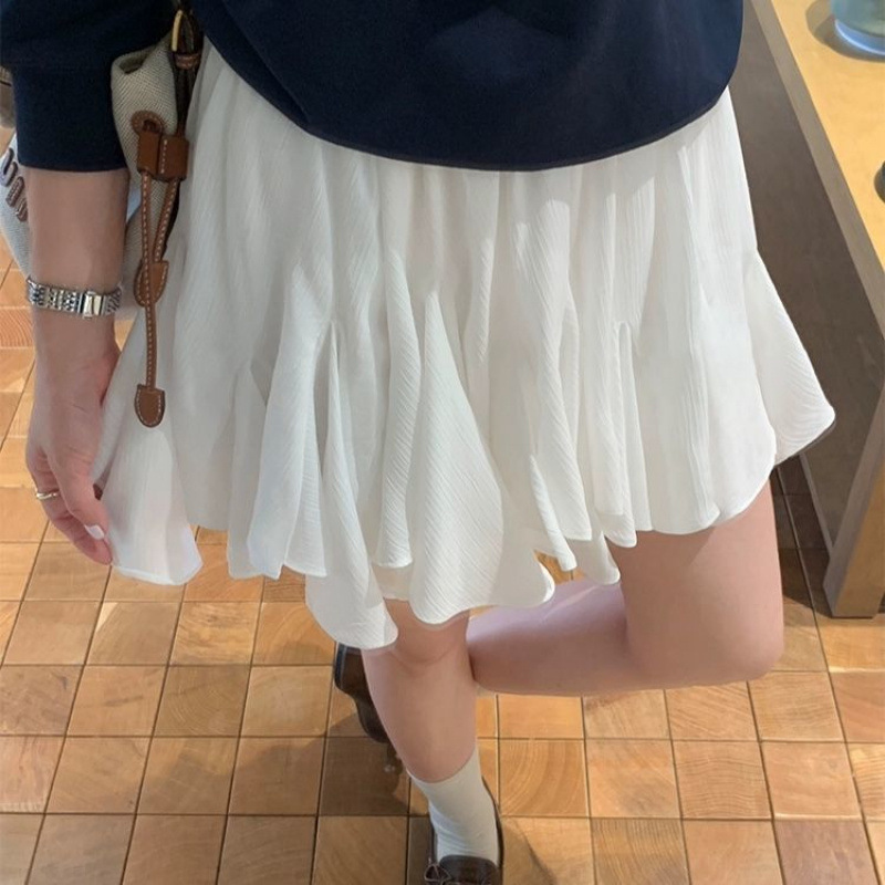 白色a字松紧腰不规则半身裙女2025春夏新款高腰显瘦蓬蓬裙短裙子