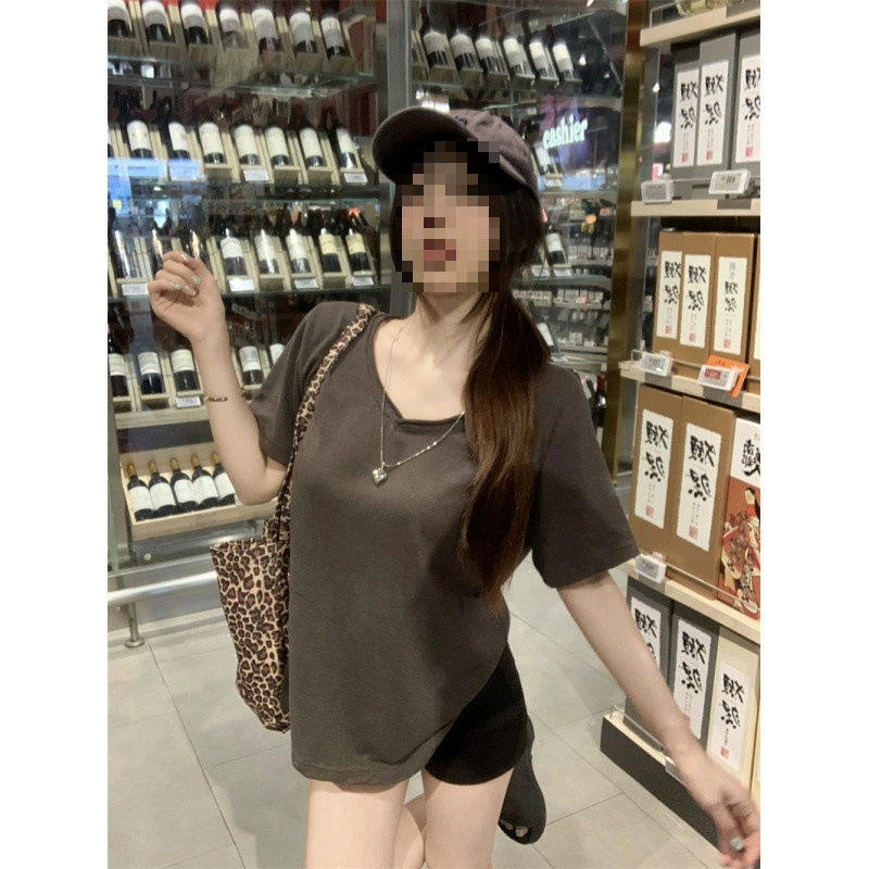 YS8 реальный снимок, реальная цена, летняя повседневная и непринужденная свободная футболка с текстурой снежинки и завитым v-образным вырезом, с короткими рукавами