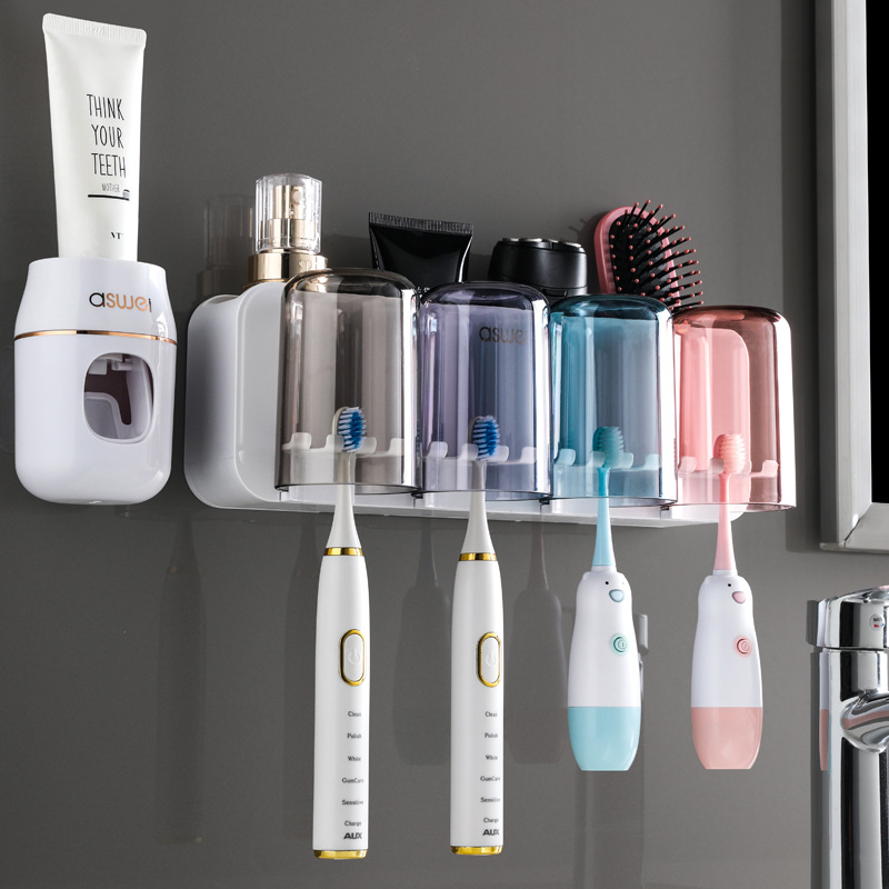 Estante de cepillo de dientes sin ponche taza de cepillo de dientes enjuague bucal Copa estante montado en la pared baño montado en la pared traje familiar eléctrico