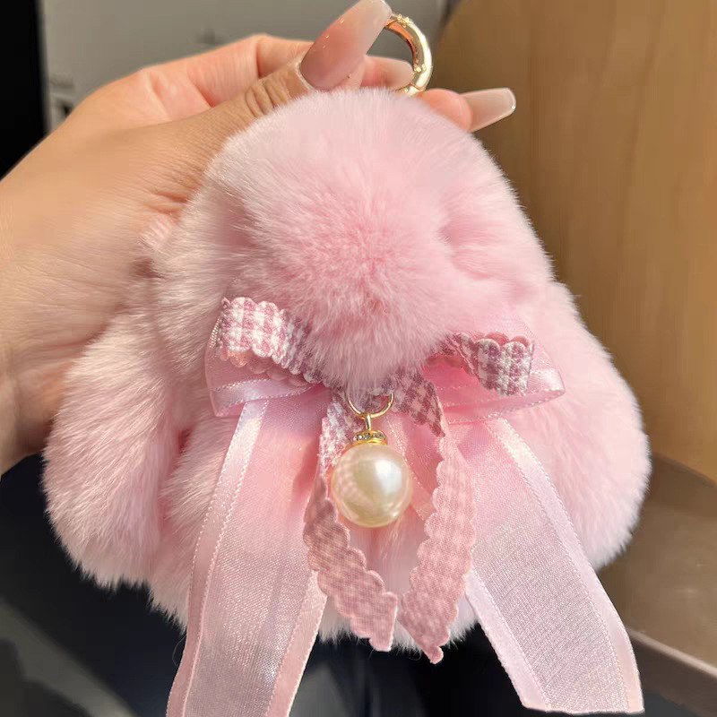 Cute conejo real peludo arco perla pequeño conejo llavero de coche colgante muñeca de peluche bolsas colgante