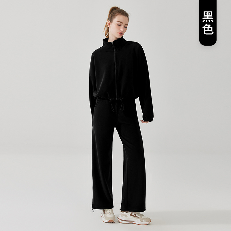 Suéter de cuello alto con cremallera de lana para mujer conjunto de dos piezas Otoño e Invierno engrosado cálido deportes Top pantalones traje casual