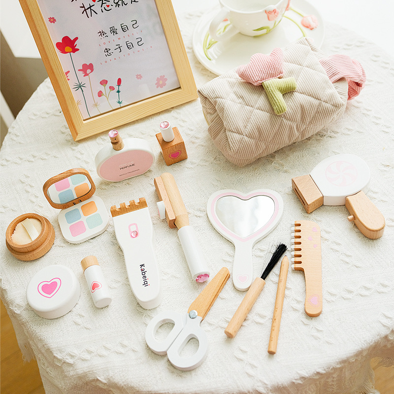 Tocador de simulación de madera para niños transfronterizos, juego de bolsa de cosméticos princesa, cosméticos para niñas, juguetes educativos para el hogar image 7