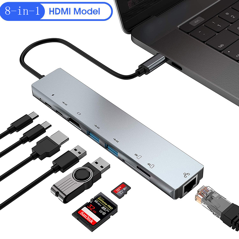 Fabricantes transfronterizos estación de acoplamiento ocho en uno tipo-c a la tarjeta de red HDMI multi-función portátil convertidor al por mayor