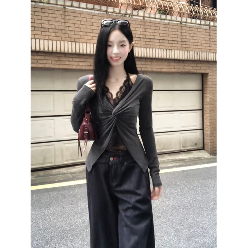 Sexy Hot Girl Pure Desire Style Lace Patchwork Knot Long Sleeve T-Shirt for Women Early Autumn Waist Slimming Fake Two-Piece Top Ins