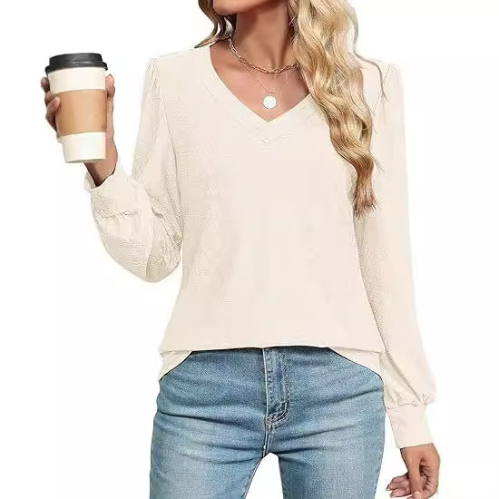 Women's Long-sleeVed tops, Autum V Neck tops, Casual Puff SleeVes, textured t-shirts, Small Hole tunic