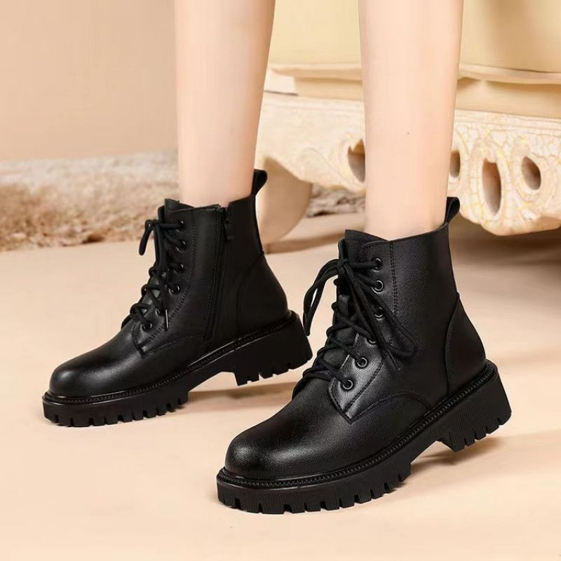 2023 New Autumn and Winter Single Boots British Style Fleece-Lined Thick-Soled Motorcycle Boots for Women Genuine Soft Leather Short Boots for Women