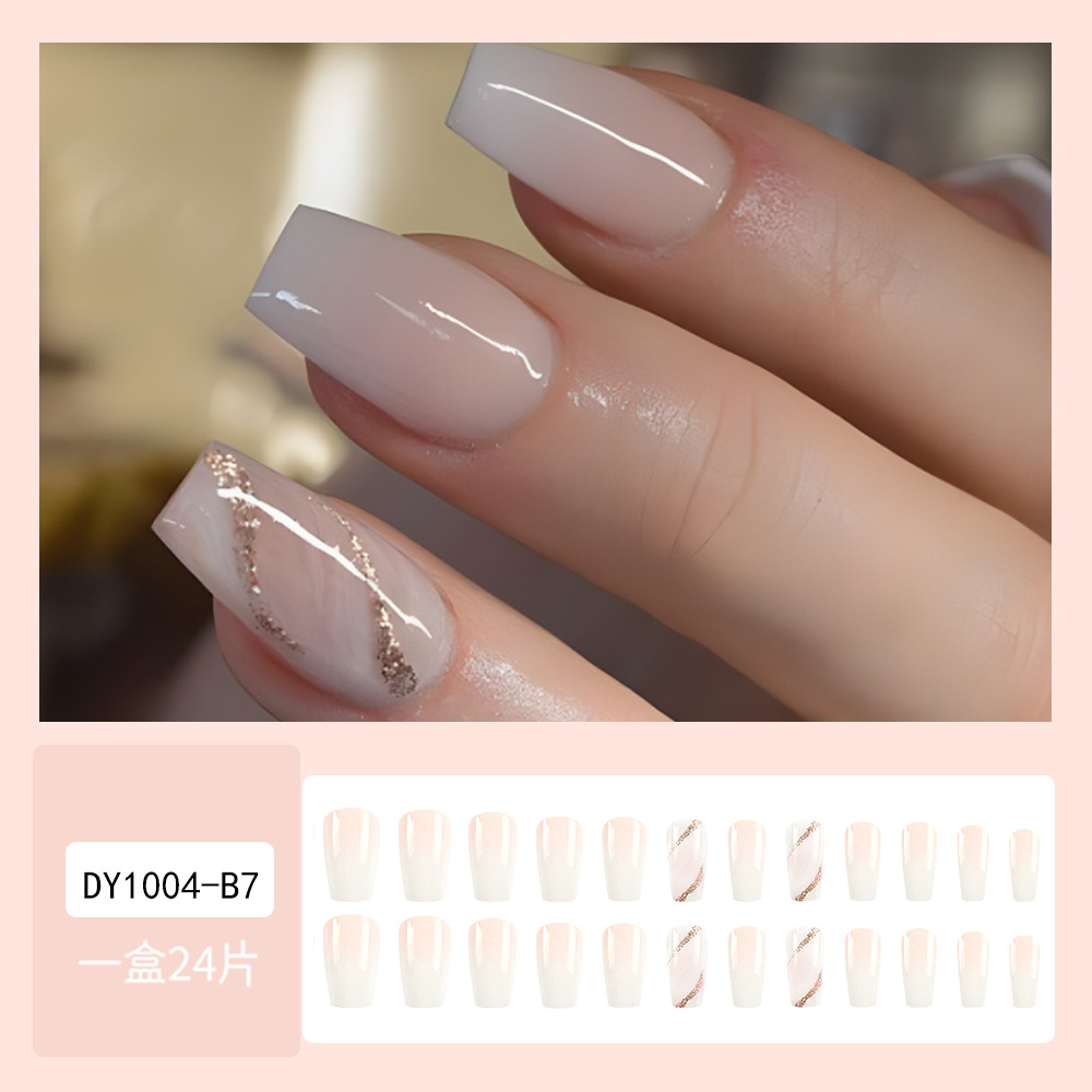 Uñas postizas cortas para primavera y verano, color nude con degradado de polvo dorado, manicura, 24 piezas, uñas postizas al por mayor image 3
