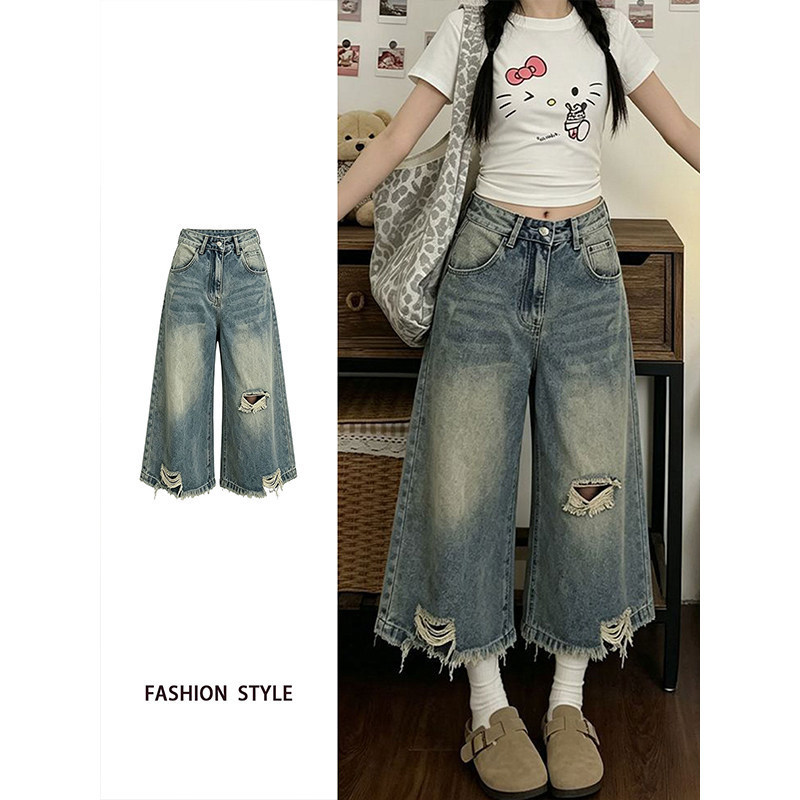 Trendy ripped wide-leg jeans for women, summer thin style, plus size, high-waisted, loose, slimming, cropped straight pants Trendy ripped wide-leg jeans for women, summer thin style, plus size, high-waisted, loose, slimming, cropped straight pants