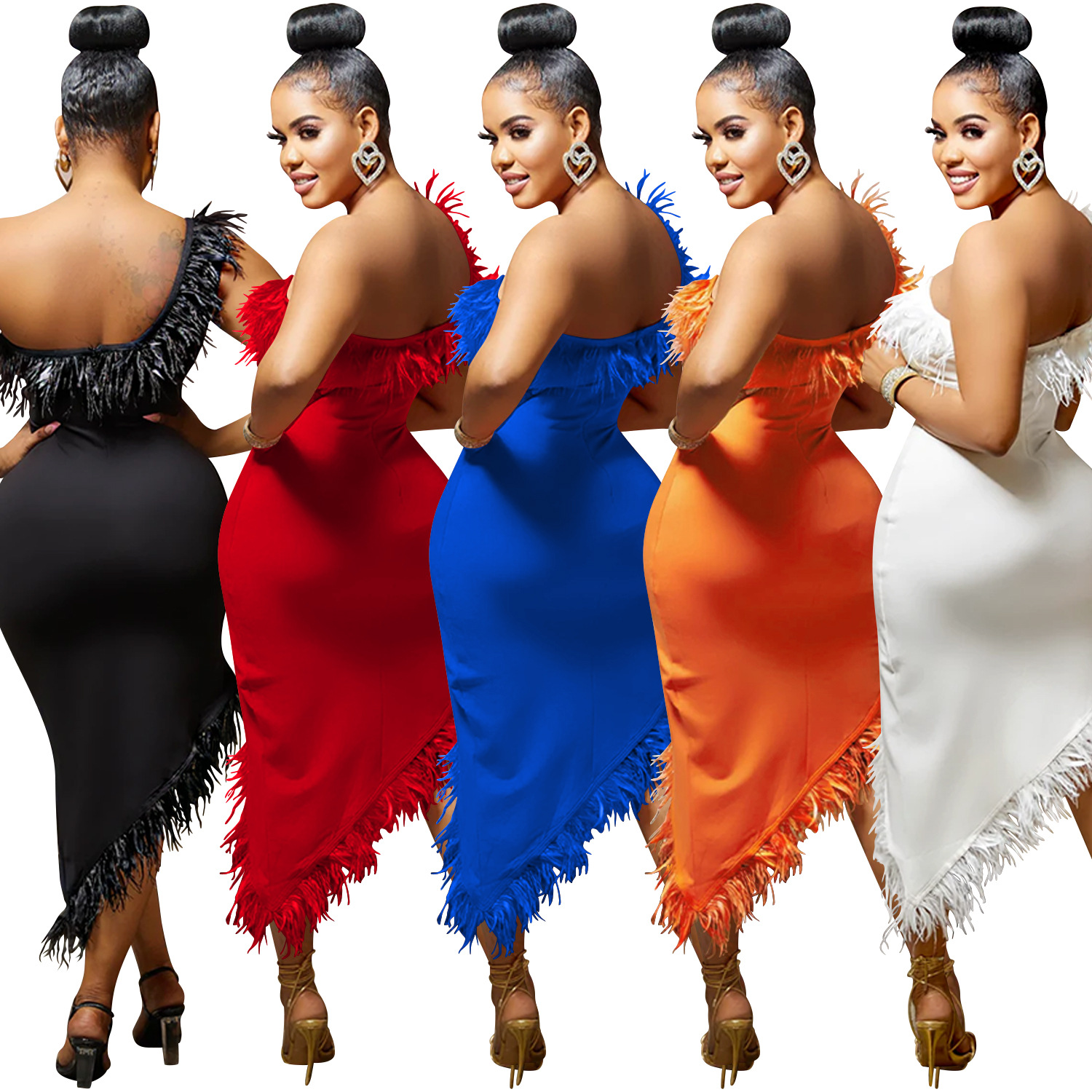 Abito da sera di Capodanno da donna in tinta unita con scollo a V, senza maniche, gonna a portafoglio e piume irregolari_voghion.com