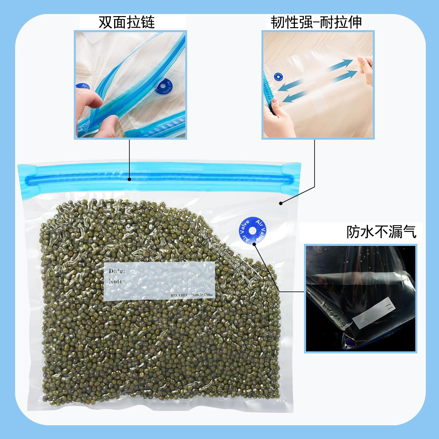 Válvula de aire del bolso de vacío del hogar de la categoría alimenticia sellada bolso de la comida del refrigerador del bolso de la fresco-custodia para el almacenamiento del refrigerador