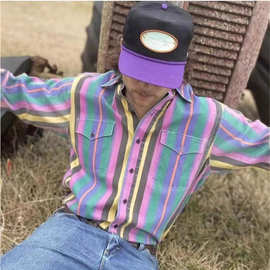 西部风彩色条纹衬衫欧美男士休闲长袖衬衫男士长衬衫外贸衬衫