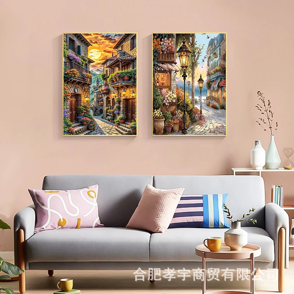 Venta caliente transfronteriza dibujos animados ciudad de bricolaje casa paisaje lleno de diamantes sala de estar dormitorio decoración pegatinas fabricante de pintura de diamantes