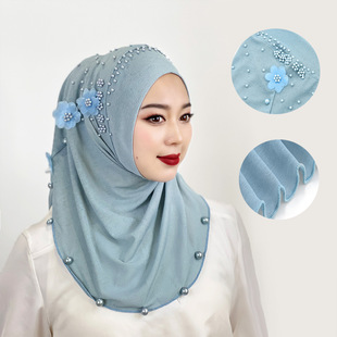 Cross-border Malay Women's Headscarf Cap Beaded Nailed Flower Shawl Elastic Solid Color Ethnic Cap in stock Wholesale