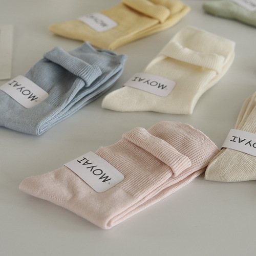 Summer and Autumn New Women's Socks Macaron Color Series Double Needle Mid-Calf Socks College Style Instagram Style Fresh and Clean Flared Edge Socks