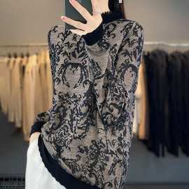 秋冬半高领提花羊毛蕾丝镂空针织衫女打底长袖高级感上衣潮女装