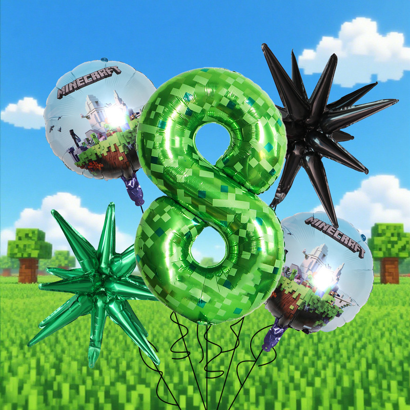 跨境新品40寸草地方块绿色数字气球我的世界生日主题铝膜5件套|undefined