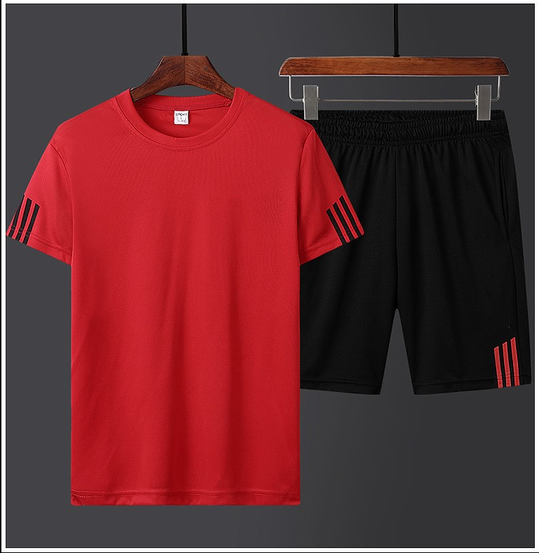 Traje deportivo transfronterizo de verano de secado rápido para hombre, conjunto de pantalón corto y camiseta de manga corta, traje de tres rayas personalizado para comercio exterior, conjunto de dos piezas de talla grande para hombre