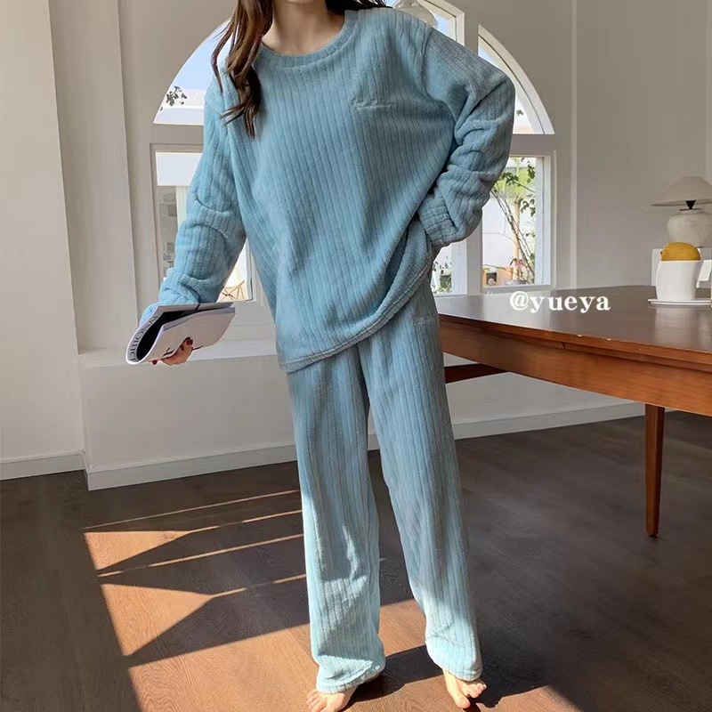 630g Weight Long Sleeve Sleeve Length Pajamas Lingerie Type Pullovers Placket Type Polyester Fabric Type Long Top Length Pants Sets Sets Type 2 Pieces Set Quantity Home Occasion Round Neck Neckline Warm Function Loose Fit Type Stripe, Solid Color Pattern Winter, Autumn Season Women's Gender Casual, Simple Style Style Autumn And Winter New Crescent City Warm Suit Casual Homewear Internet Celebrity Coral Fleece Thick Thermal Pajamas 3