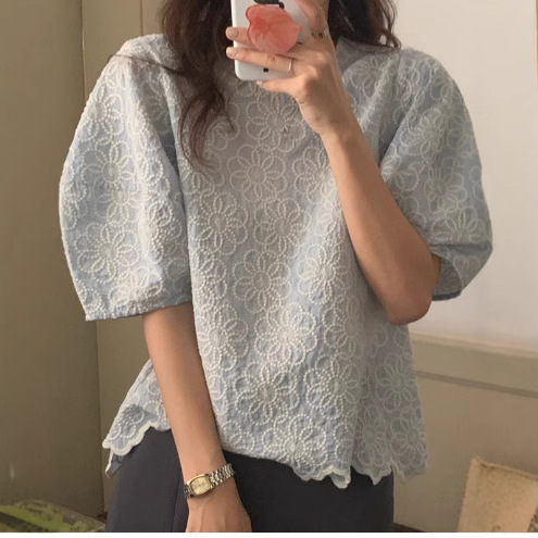 Korean Style Chic Puff Sleeve Top for Women with Design Niche Chic Heavy Industry Embroider Flower Loose Shirt