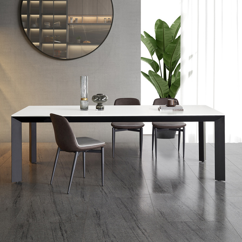 Mesa de comedor de tabla de roca gruesa de Delifeng, combinación de mesa y silla de comedor rectangular de lujo moderno y pequeño tipo de casa minimalista italiana