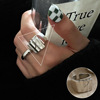Line minimalistic fashionable brand ring, silver 925 sample, on index finger