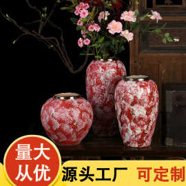 现代简约复古红粗陶插花花瓶新中式摆件小清新手工粗陶罐陶瓷花盆