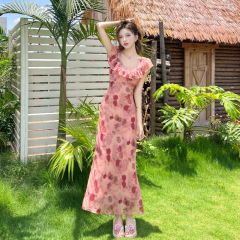 フレンチティーブレイク花柄ドレス女性のための 2025 夏の新しい気質フリルウエスト痩身ロングスカート女性のための
