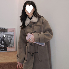 牛角扣毛呢外套女中长款冬ins学生小个子学院风加厚羊羔领呢大衣