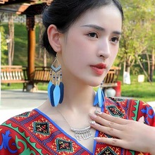 新中式复古串珠蓝色羽毛长款耳环民族风优雅气质异域风小众耳饰