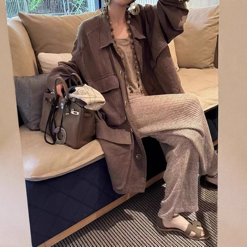 2025秋 韩版宽松时尚汉麻立体口袋中长款外套百搭休闲上衣女26903|undefined