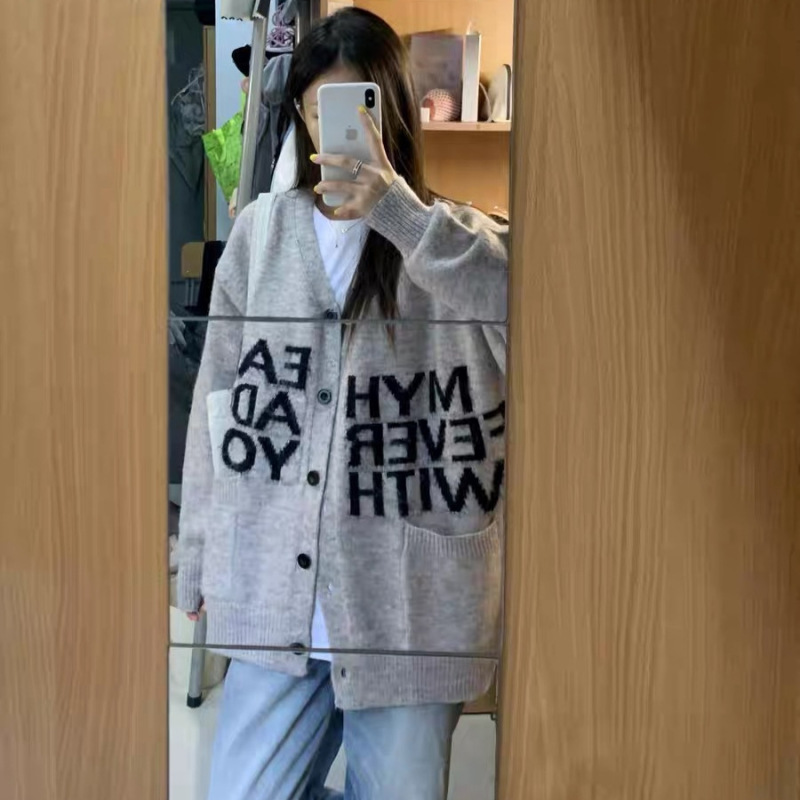 美式复古V领针织开衫外套女2025秋冬新款宽松慵懒休闲毛衣潮|undefined