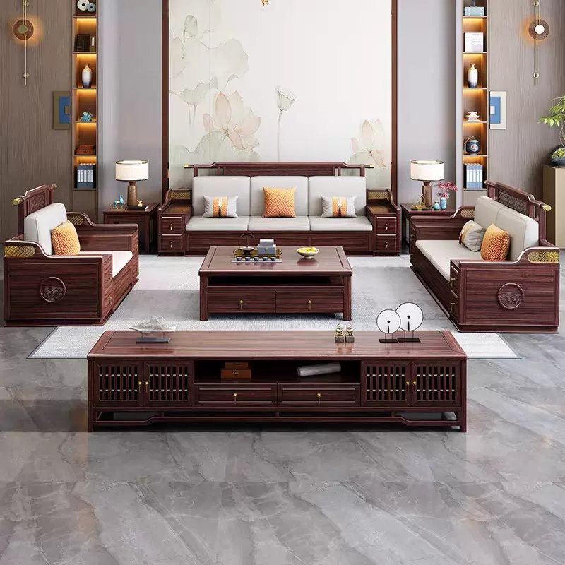 新中式乌金木实木沙发轻奢中大户型别墅高端落地沙发茶几组合家具