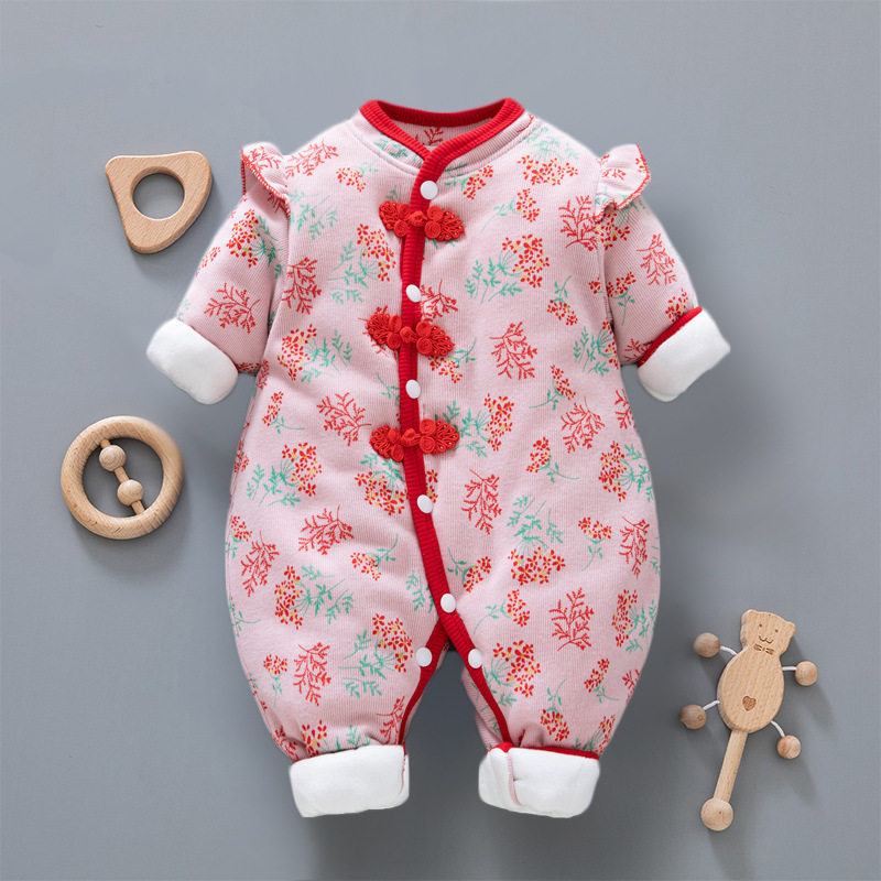 Ropa de invierno de Bebé Ropa de una pieza engrosada estilo chino Tang traje festivo Año Nuevo saludo ropa bebé niña engrosada ropa de algodón acolchado ropa de Año Nuevo