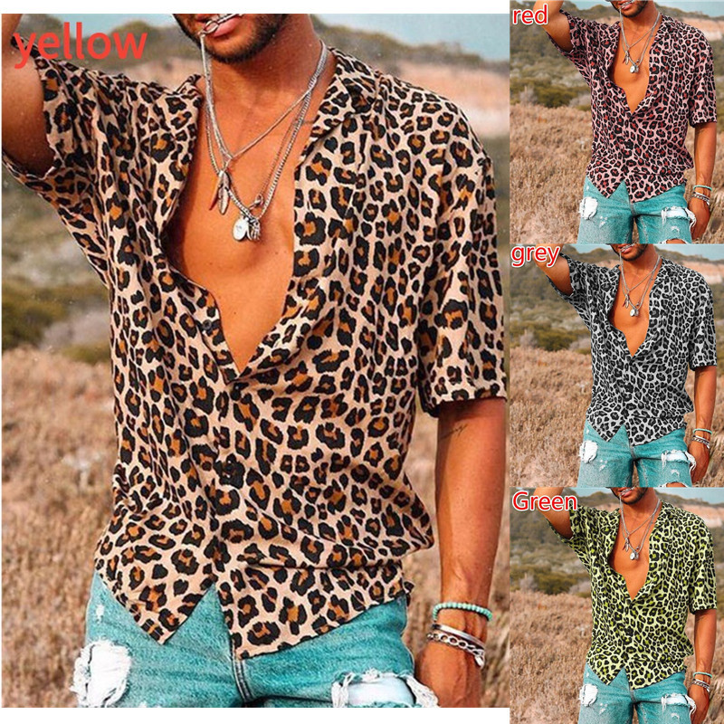 Camisa de manga corta con estampado de leopardo de moda para hombres de estilo europeo y americano 2023 Verano nueva camisa casual Top moda de comercio exterior transfronterizo