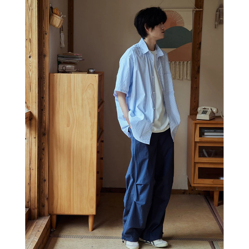 Lazy Cat under the Eaves Summer New Japanese Retro Short-Sleeve Shirt Men's Striped Shirt Couple Casual Top Outerwear