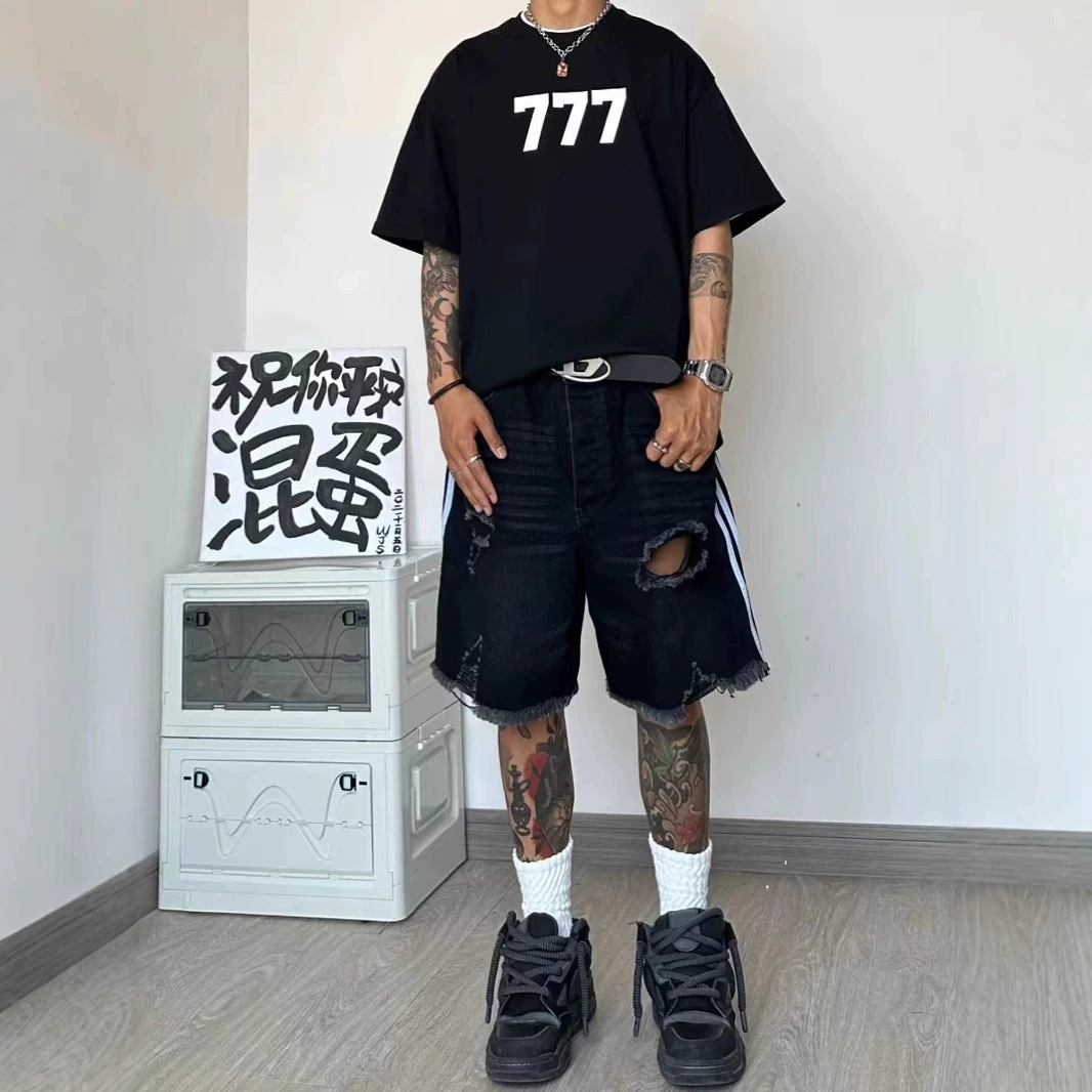 Американский модный бренд, тонкие широкие свободные красивые шорты с пятью точками, мужские уличные полосатые рваные потертые джинсы для мужчин и женщин