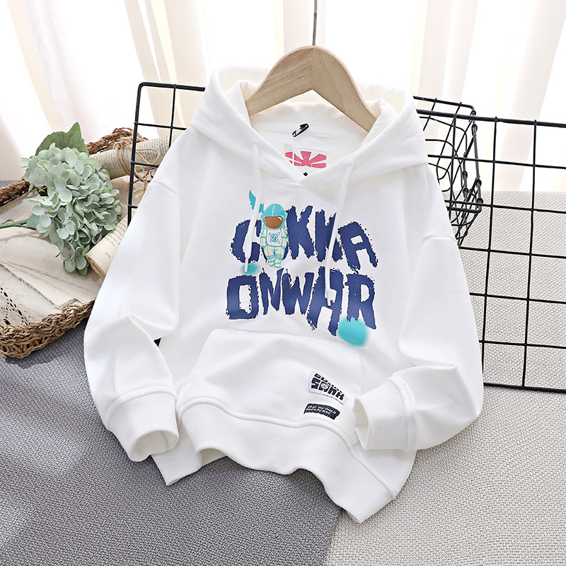 2022 new pattern children Sweater Boy CUHK Hooded Pullover Solid printing Long sleeve jacket One piece On behalf of