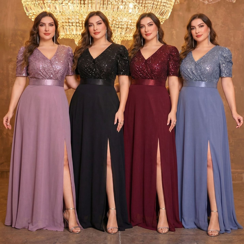 Cross-Border Evening Dress European and American Style V-Neck Long Sleeve Slit Sequin Elegant Plus Size Women's Clothing for Curvy Women Bridesmaid Dress Cross-Border Evening Dress European and American Style V-Neck Long Sleeve Slit Sequin Elegant Plus Size Women's Clothing for Curvy Women Bridesmaid Dress