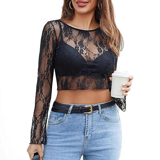 2025 Cross-Border Amazon New Lace Top See-Through Hollow Mesh Long-Sleeve Round-Neck Thin Shirt Mesh Short Top